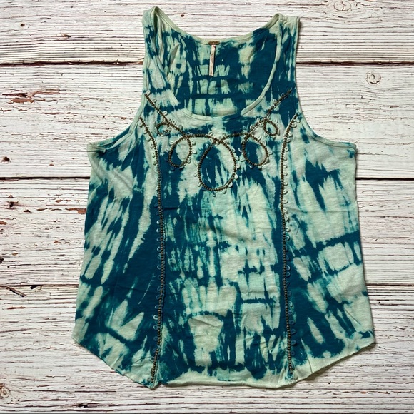 Free People Everything Zen Teal Tie Dye Beaded Tank Top Sz S - Picture 14 of 14